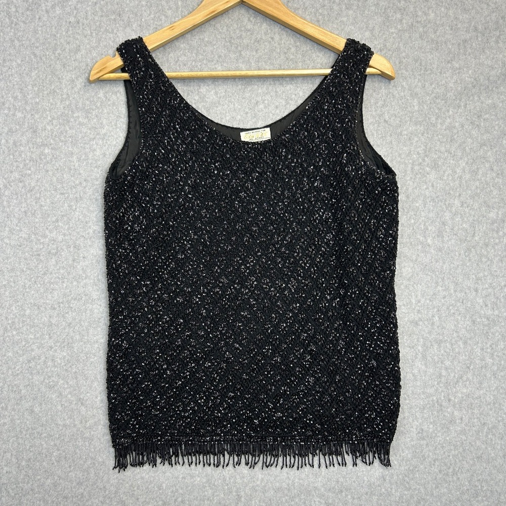 Cyn Les Vintage Tank Top Black Hand Beaded Sequin Fringe Wool Gatsby Womens 38